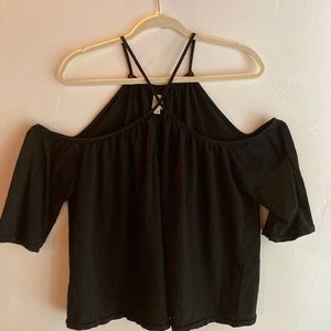 Roi Black Cotton Cold Shoulder Halter Top